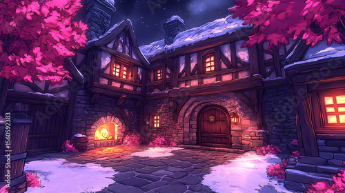 Medieval fantasy building night scene winter snow game background illustration