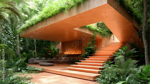 Modern house design with orange staircase and lush greenery
