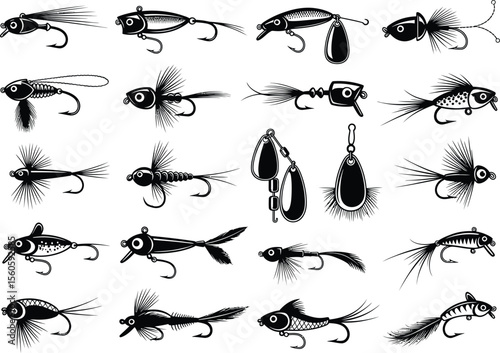 Monochromatic Collection of Fishing Lures A Variety of Shapes and Styles Displayed in Black and White