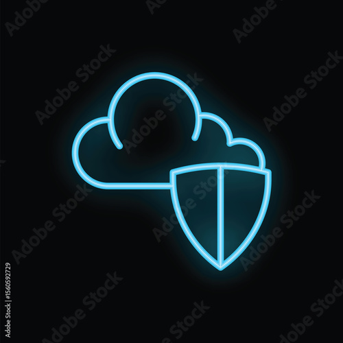Neon icon of a cloud being protected by a shield, representing cloud computing security