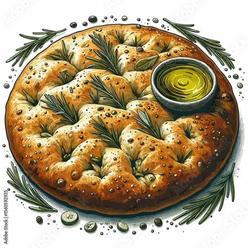 Freshly baked focaccia topped with herbs and served with olive oil in an artistic presentation