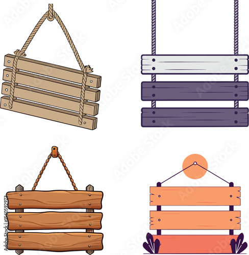 3D Vector Rustic Wooden Hanging Signboard with Rope and Knots. 