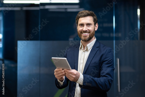 Portrait of a smiling and successful young businessman in a suit standing in an office, holding a tablet and looking at the camera