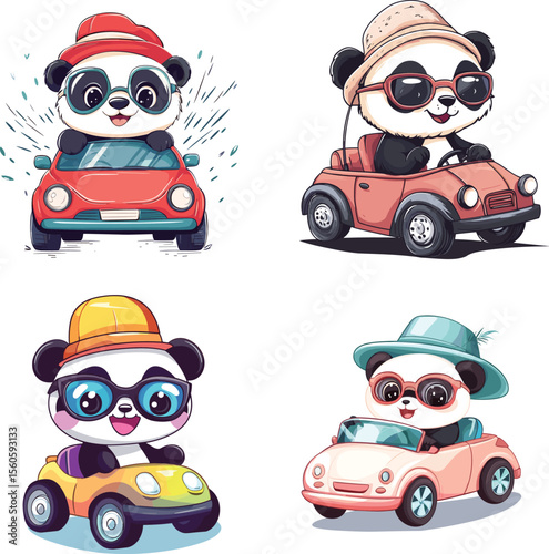 Cute panda riding car glasses and hat vector style on white background