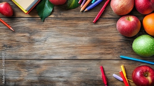 Fruits and stationery items on a wooden table.