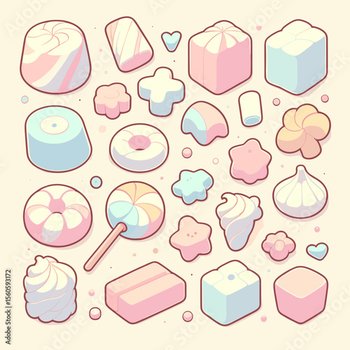 Colorful assortment of various sweets and candies in playful shapes and pastel colors
