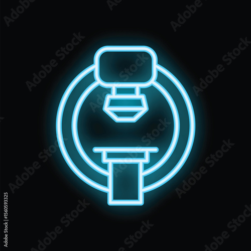 Bright blue neon icon of a ct scan machine glowing on a black background