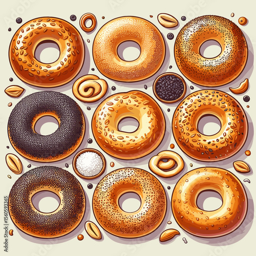 Variety of freshly baked bagels topped with seeds and displayed in a colorful arrangement