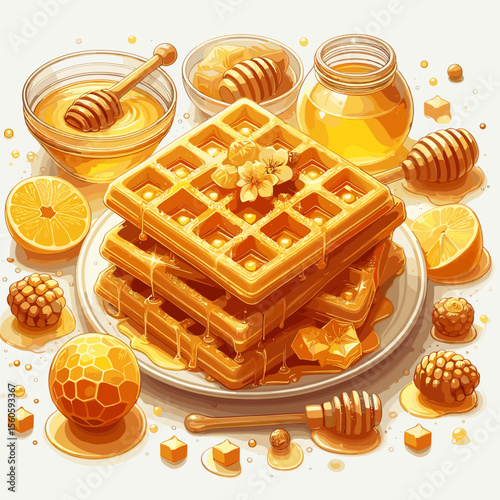 Golden waffles drizzled with honey and surrounded by fresh fruits and honeycomb 