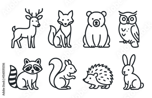 Forest animal icons set – outline style, wildlife and nature symbols for design