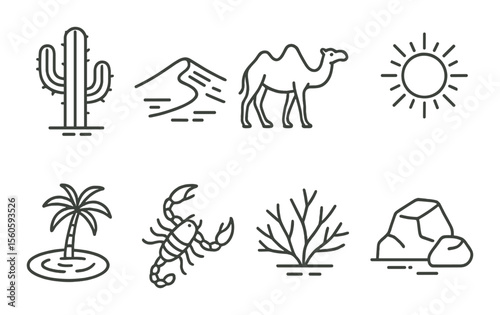 Desert outline icons set – simple, nature and landscape symbols for creative projects