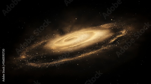 Golden spiral galaxy in dark space.
