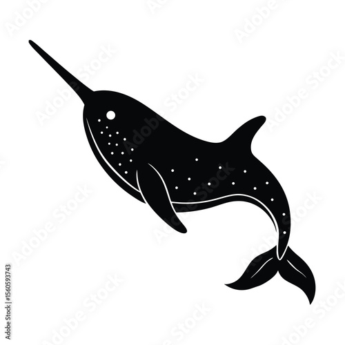Narwhal vector silhouette whale with tusk on white background for Arctic marine and mythical themes