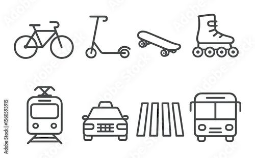 Urban transport icons set – outline style, mobility and city transit graphics