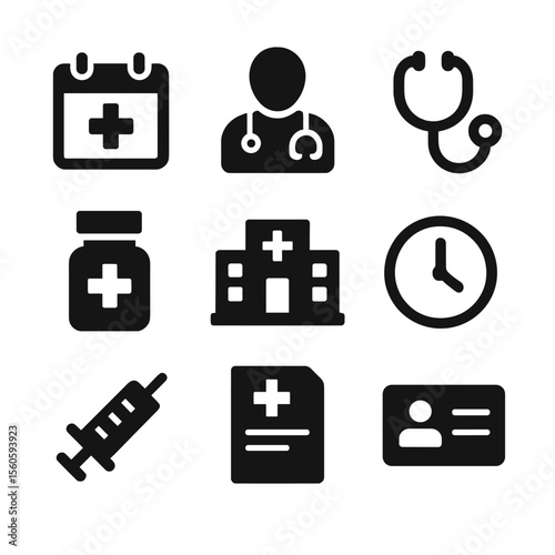 Medical Appointment Icons. Solid, filled icon set of medical appointment due dates: calendar with cross, doctor, stethoscope, pill