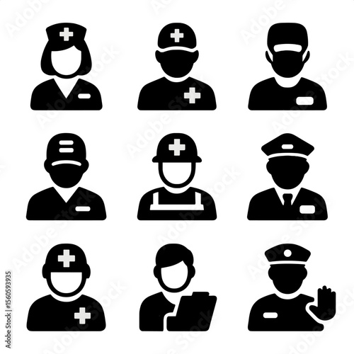 Medical Roles Icons. Solid, filled icon set of field medical personnel roles: triage nurse, paramedic, trauma surgeon, logistic