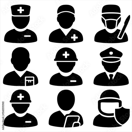 Medical Roles Icons. Solid, filled icon set of field medical personnel roles: triage nurse, paramedic, trauma surgeon, logistic