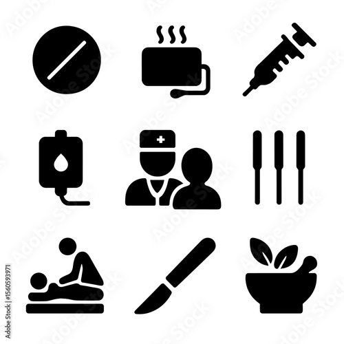 Medical Treatment Icons. Solid, filled icon set of treatment and relief: painkiller pill, heating pad, injection syringe, IV drip,