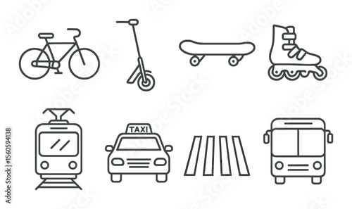 Urban transport icons set – line, commute and city transit vehicle symbols