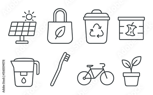 Eco-friendly essentials icons set – outline, green living and sustainability symbols