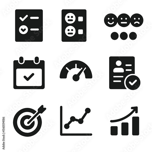 Mental Health Icons. Solid, filled icon set of mental health self-assessment: checklist, questionnaire, mood tracker, symptom