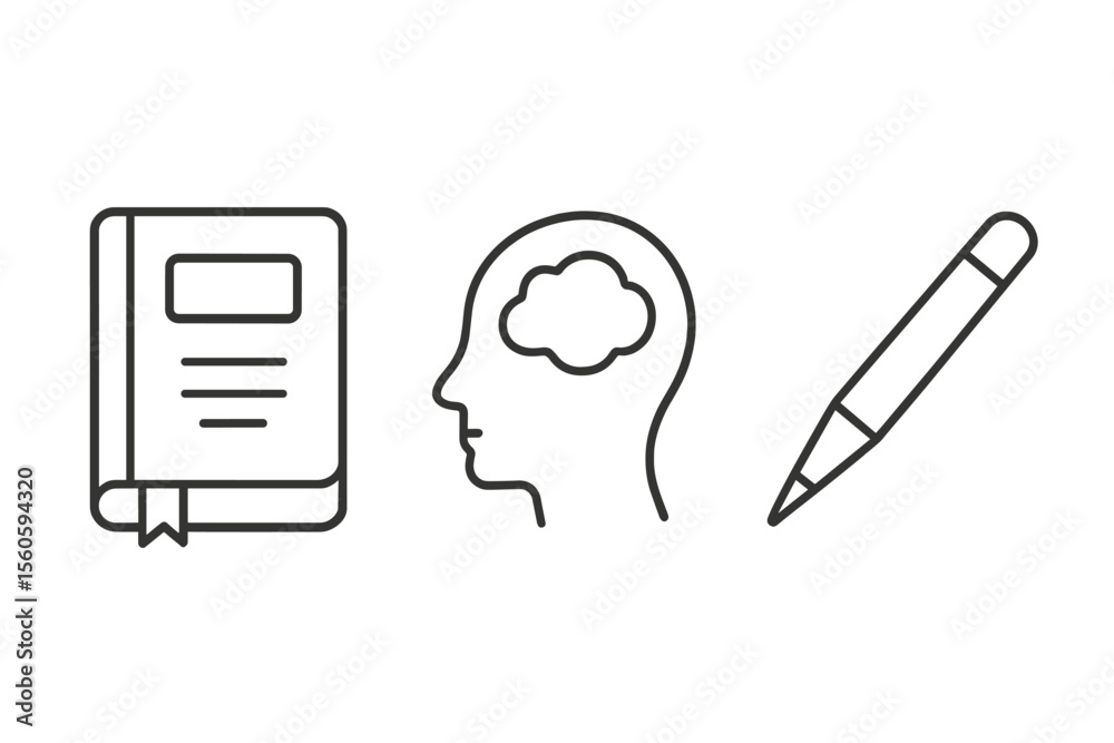 Book, brain, and pencil icons on gray background vector icon isolated illustration Book, brain, and pencil icons on gray background vector icon isolated illustration