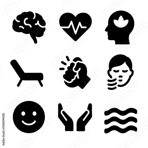 Mental Wellness Icons. Solid, filled icon set of mental wellness: brain icon, heart with pulse, mindfulness, therapist chair,