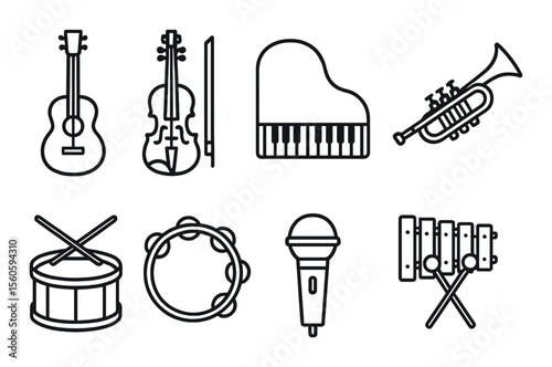 Linear musical icons set – simple, compose and harmony graphics for creative projects