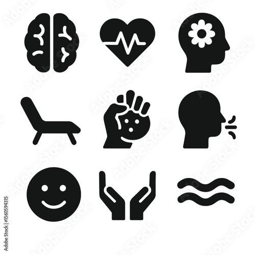 Mental Wellness Icons. Solid, filled icon set of mental wellness: brain icon, heart with pulse, mindfulness, therapist chair,