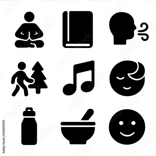 Mental Wellness Icons. Solid, filled icon set of mental wellness activities: yoga pose, journal, breathing exercise, nature walk,