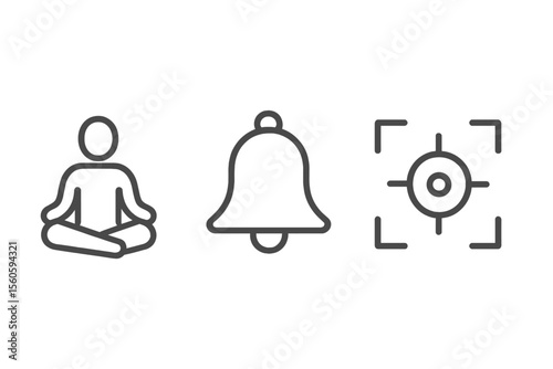 Meditation icon set: person in lotus position, bell, focus target symbols vector icon isolated illustration