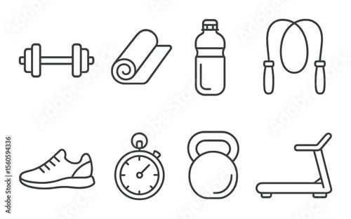 Fitness gear icons set – outline, exercise and gym equipment symbols