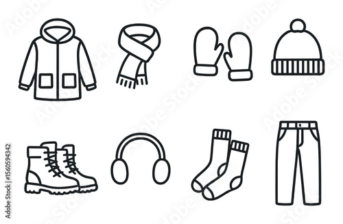 Winter clothing icons set – outline, apparel and accessories symbol collection