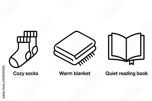 Cozy socks, warm blanket, quiet book icons on grey background vector icon isolated illustration