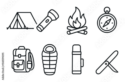 Camping and office icons set – outline, backpack and workspace tool symbols