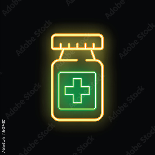 Glowing neon line medicine bottle and medical services icon isolated on black background vector illustration