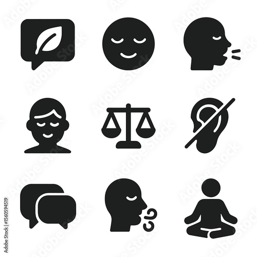 Mindful Communication Icons. Solid, filled icon set of mindful communication: speech bubble with leaf, zen face, slow speech icon,
