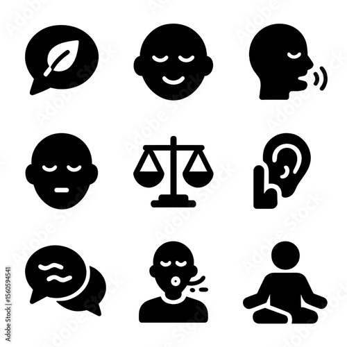 Mindful Communication Icons. Solid, filled icon set of mindful communication: speech bubble with leaf, zen face, slow speech icon,