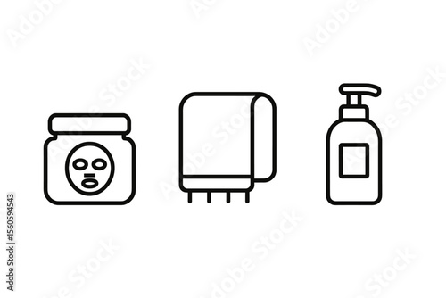 Minimalist icons of face mask, towel, and lotion bottle on gray background vector icon isolated illustration