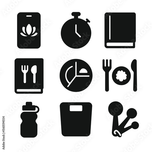 Mindful Eating Tools. Solid, filled icon set of mindful eating tools: meditation app, timer, journal, cookbook, portion control