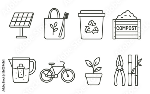 Eco and tool icons set – outline, environmentally friendly and simple design elements