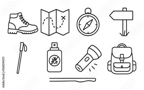 Hiking and sea life icons set – simple, linear travel and nature symbols