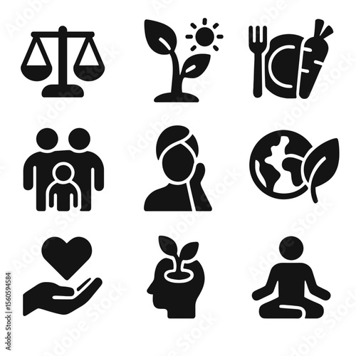 Mindful Living Icons. Solid, filled icon set of mindful living concepts: balanced scales, nature harmony, healthy meal, family