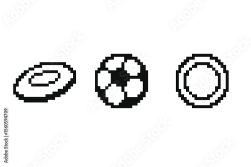 Pixel art shadows of geometric discs on gray background vector icon isolated illustration