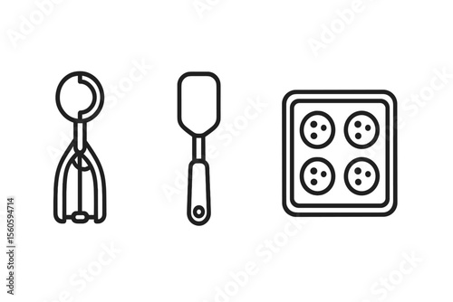 Black line kitchen utensils - ice cream scoop, spatula, stove top icons on gray background vector icon isolated illustration