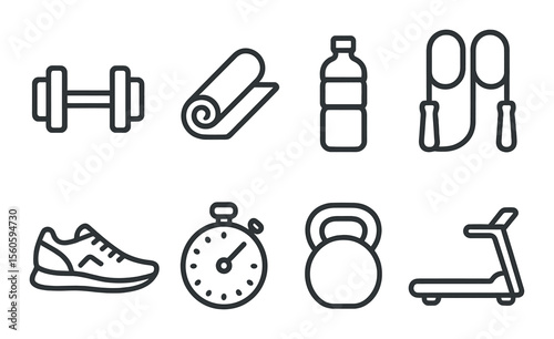 Fitness gear icons set – outline, gym equipment and exercise symbols