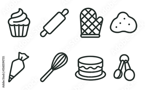 Bakery and pastry icons set – outline, simple and baking tools visuals