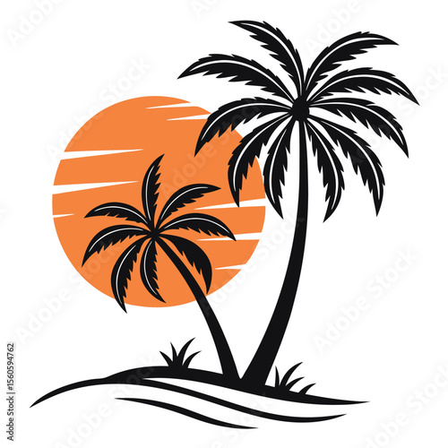 Tropical Paradise Sunset Silhouette with Palm Trees and Ocean Waves