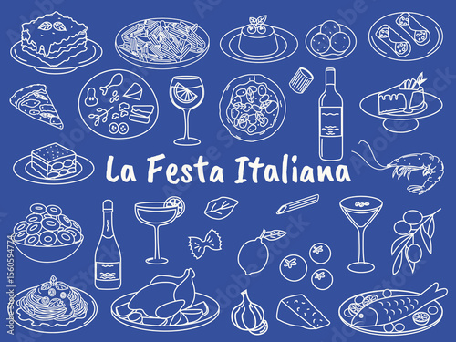 Hand drawn Italian cuisine illustrations. Lasagna, pizza, pasta, tiramisu, olives, wine, cheese, seafood, cannoli, and Italian desserts. Traditional Mediterranean dinner doodles. 