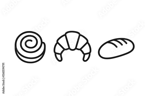Simple bakery icons: cinnamon roll, croissant, and bread loaf on gray background vector icon isolated illustration
